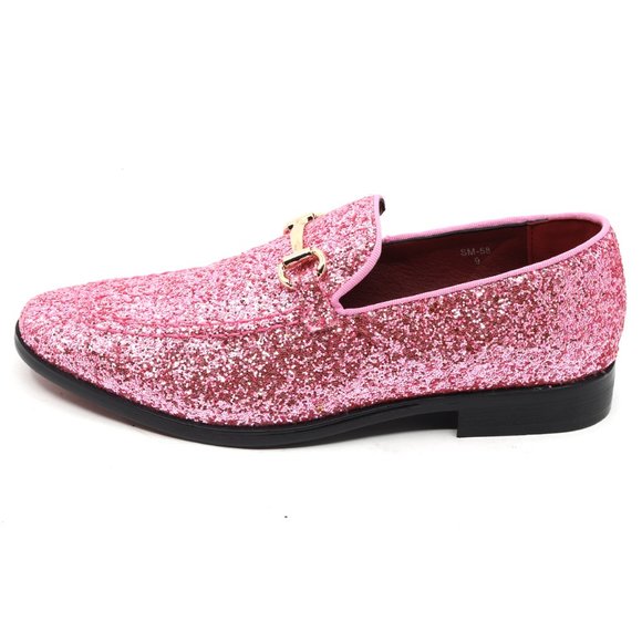 Pink Glitter Men's Vintage Designer Classic Smoking Dress Tuxedo Loafers Shoes - Picture 2 of 6